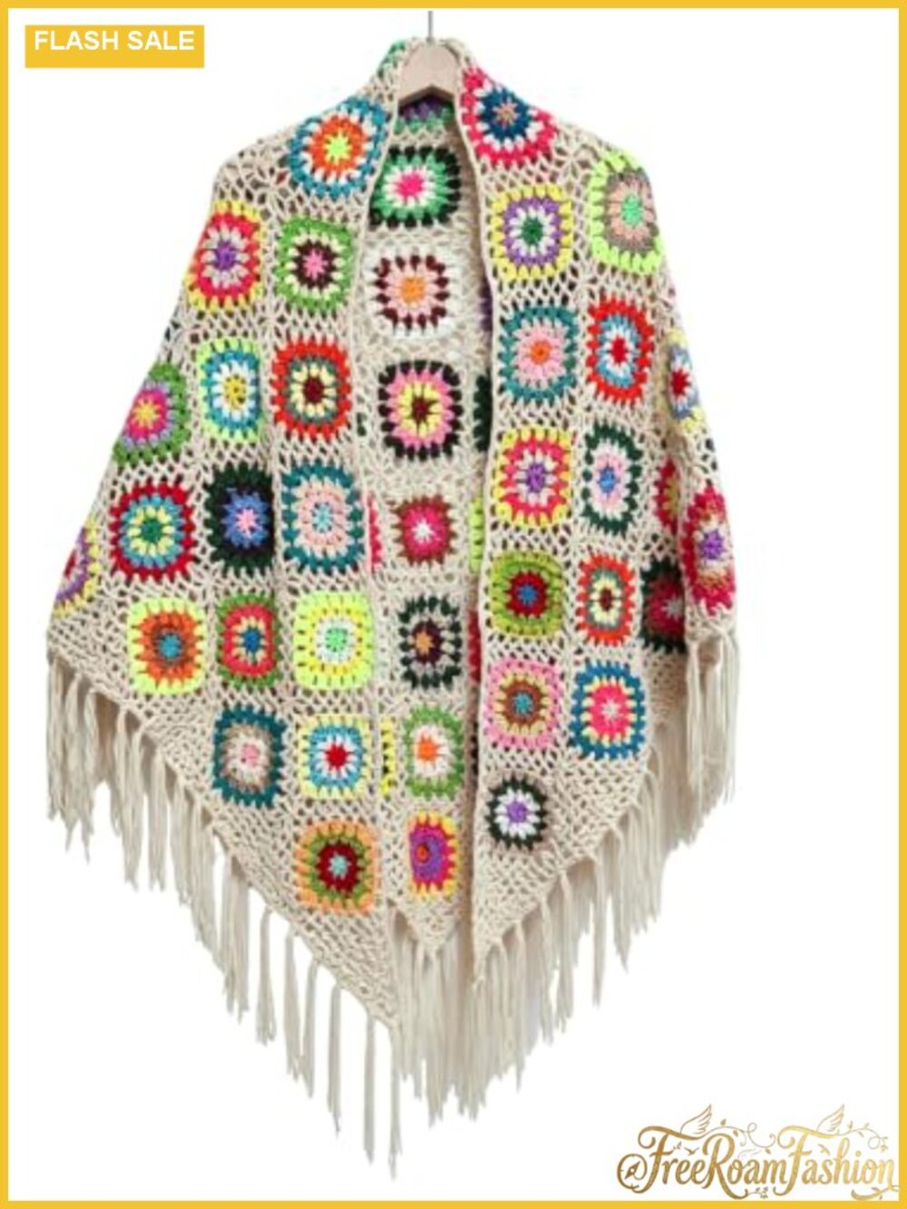 Hand Crochet Granny Square Triangle Shawl Fringe Wrap
